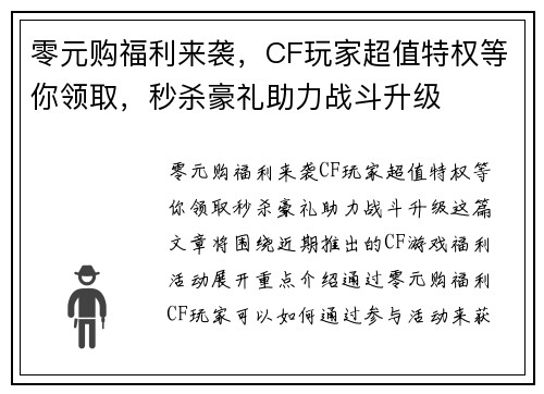 零元购福利来袭，CF玩家超值特权等你领取，秒杀豪礼助力战斗升级